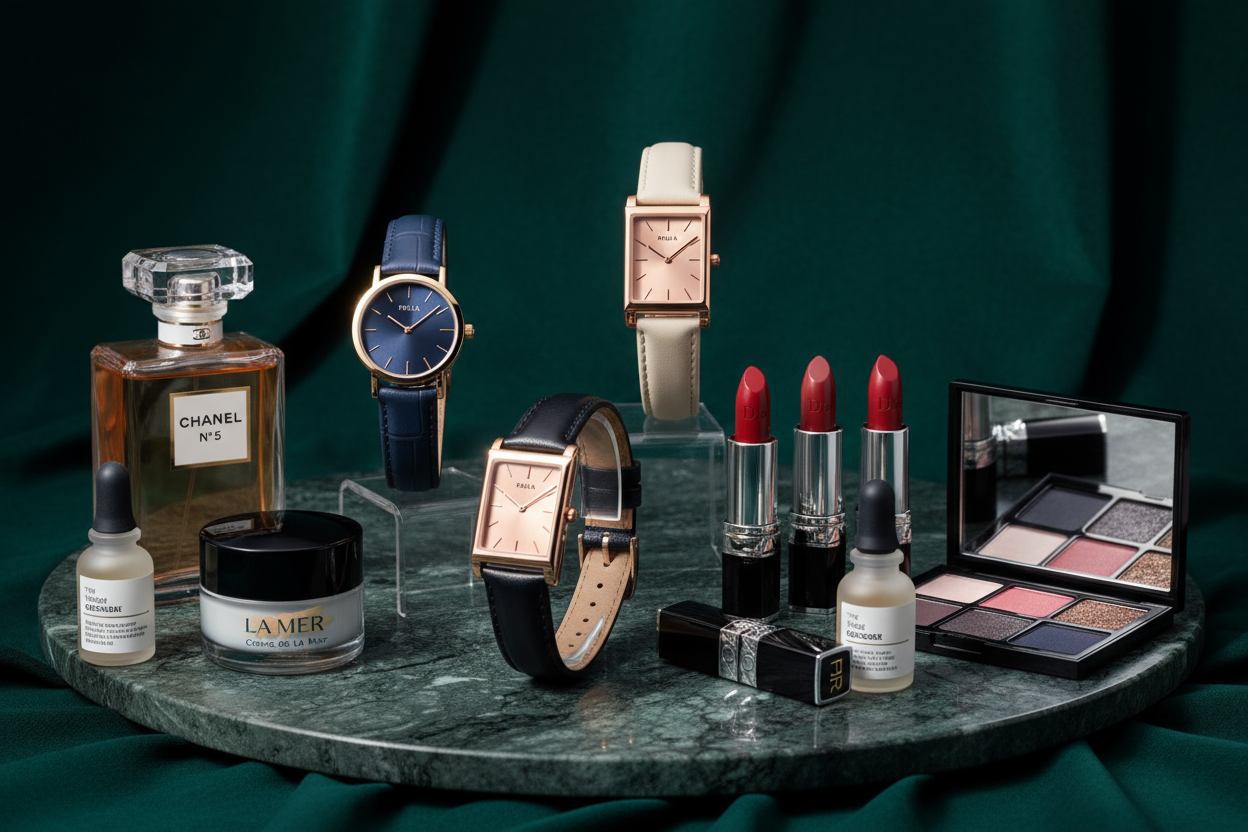 make it with Furla watches and with beauty products of other famous brands on a dark green background